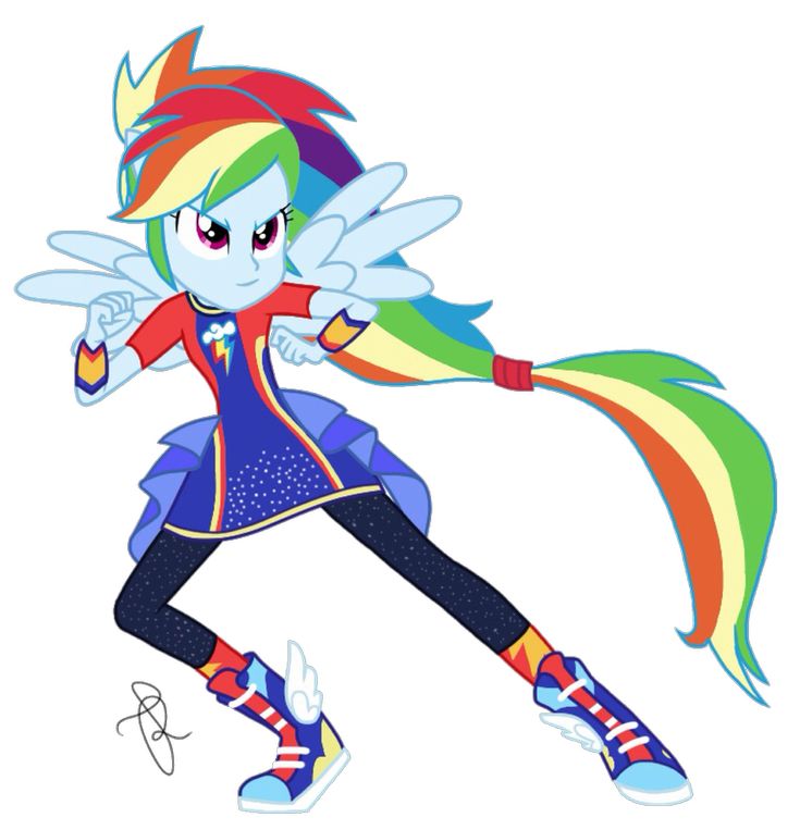 the rainbow pony is dancing with her hair blowing in the wind and wearing colorful clothes