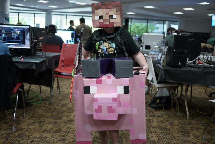 a person in a costume made to look like an animal with a pink block on it's head