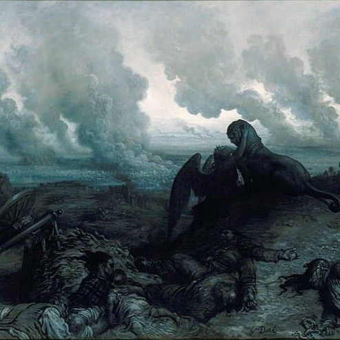 an old painting with people on the ground in front of it and clouds above them