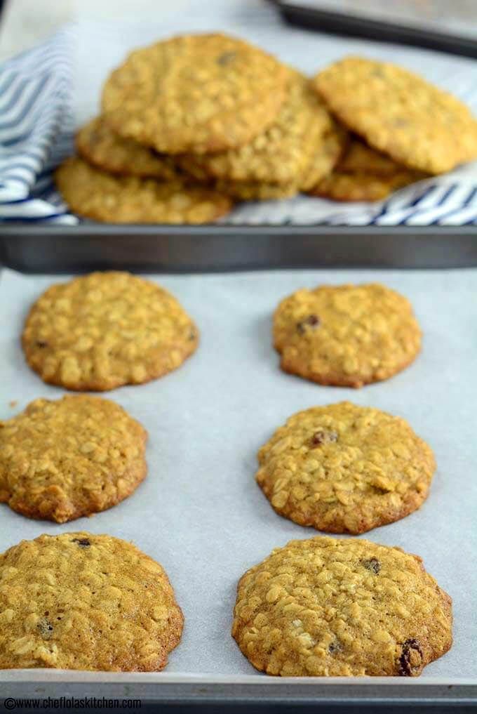 freshly baked oatmeal cookies on a baking sheet ready to go into the oven