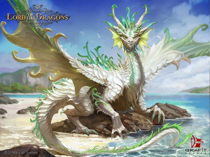 a white dragon sitting on top of a rock next to the ocean with its wings spread