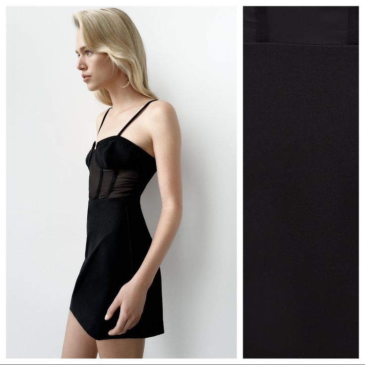 Nwt. Zara Black Combination Corset Mini Dress With Spaghetti Straps, Semi-Sheer Fabric Detail At Waist, Back Hidden In-Seam Zipper Closure. Size M. Ref. 9302/394. Pit To Pit 16" Flat, Waist 14", Length 32". 1070. Black Dress With Spaghetti Straps And Built-in Bra, Black Spaghetti Strap Dress With Built-in Bra, Black Corset Dress With Built-in Bra For Date Night, Sheer Fitted Corset Dress With Spaghetti Straps, Black Corset Dress With Spaghetti Straps For Summer, Black Corset Dress With Built-in Bra For Night Out, Black Sheer Dress With Spaghetti Straps, Black Fitted Mini Length Corset Dress, Elegant Black Slip Dress With Built-in Bra