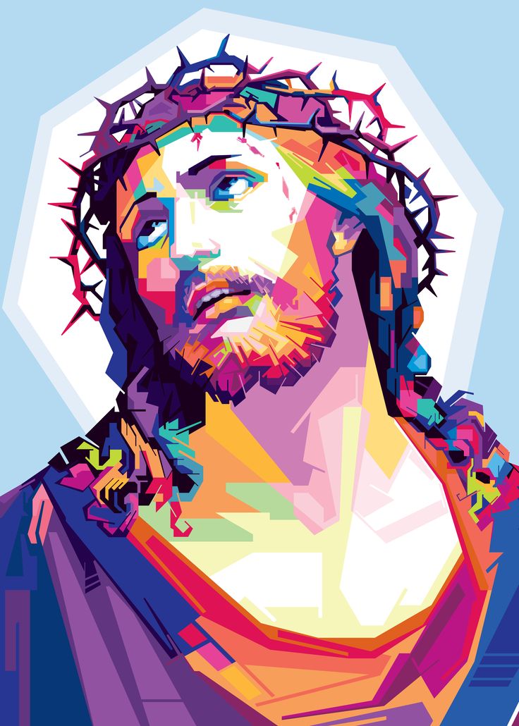 the face of jesus with crown of thorns on his head, in front of a blue background