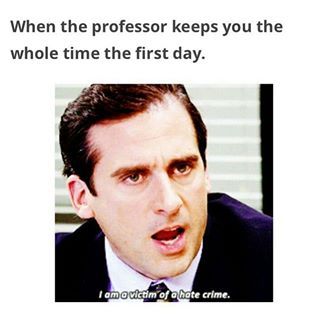 a man in a suit and tie making a funny face with the caption, when the professor keeps you the whole time the first day