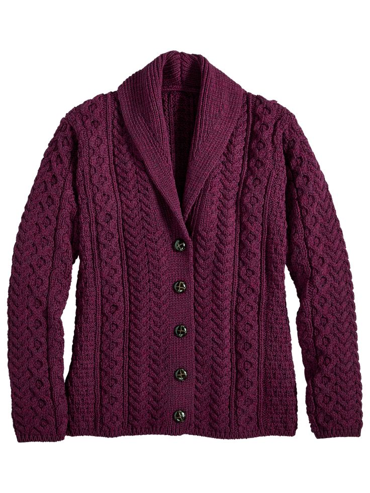 You won't ever want to leave the house without our toasty and sumptuous cable-knit Merino cardigan. Nothing keeps you warm like wool, and you'll take this Irish-made cardigan with you everywhere. It features a chunky knit in a variety of softly heathered hues, a versatile shawl collar you can turn up when you feel a chill hit your neck, and leather shank buttons that add a classic, elevated touch. Casual enough to work with jeans, this sweater can also be dressed up for any occasion. Hearty cabl Cardigan Collection, Pink Closet, Cardigan Purple, Winter Turtleneck, Vermont Country Store, Knit Shawl, Shawl Collar Cardigan, Zippered Cardigan, Merino Wool Cardigan