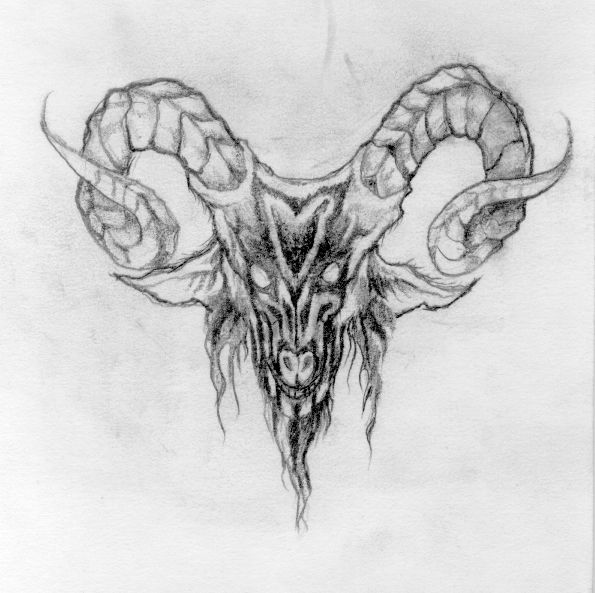 a black and white drawing of a ram's head with large horns on it