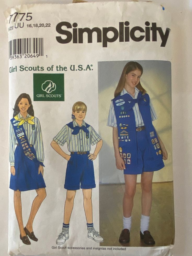 90s Simplicity Cadette Girl Scout Uniform Sewing Pattern, size 16 - 22 Girl Scout pattern, 1990s official Girl Scout uniform pattern A blast from the past. This pattern has been opened and the vest has been cut on the size 22 outline (leaving all sizes available to cut). The remainder of the pieces are factory folded. Pattern is numbered Simplicity 7775 Size UU 16,18,20,22 Girl Scout Uniform, Japanese Uniform, Scout Uniform, Usa Girls, Skirt Shorts, Sewing Pattern Sizes, 1 Girl, Girl Scout, Chevron Pattern