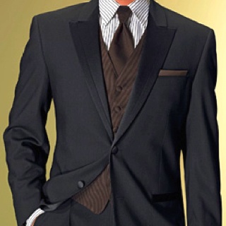 Brown Pinstripe shirt with Brown vest and Black Tuxedo Brown Pinstripe Suit, Tuxedo Ideas, Pinstripe Shirt, Brown Suit, Brown Pinstripe, Brown Vest, Wedding Venue Decorations, Black Shoe, Brown Suits