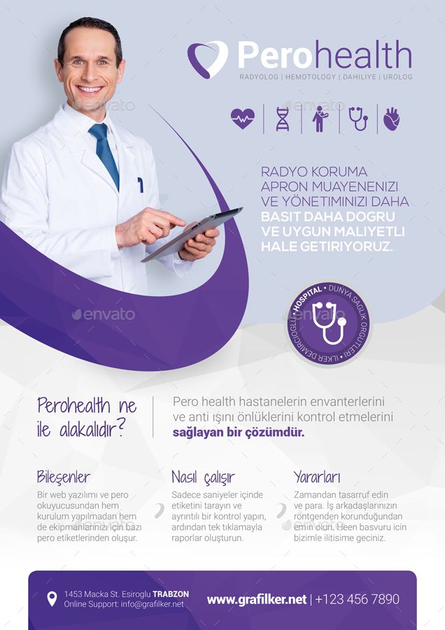 a medical flyer with a man in white coat and blue tie holding a tablet computer