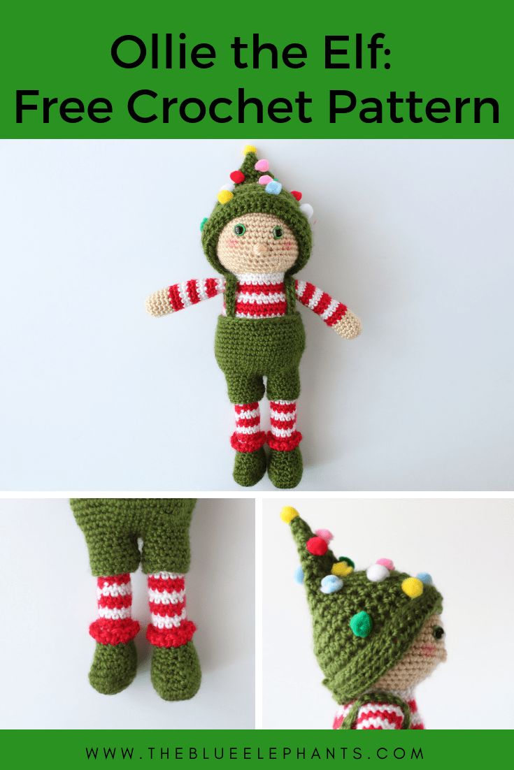 crocheted elf doll with green and red striped leggings