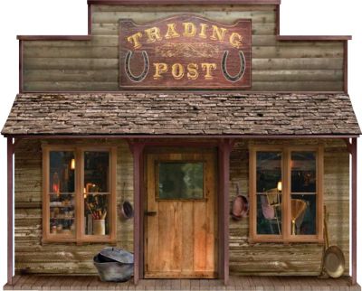 a painting of a store front with the words trading post shop on it's side