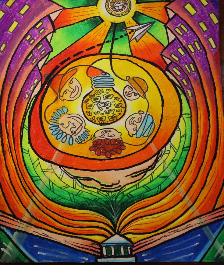 an art work with many different colors and shapes, including the image of people in a circle