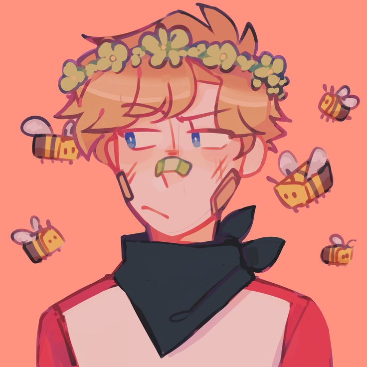 a drawing of a man with flowers on his head and bees in the air behind him