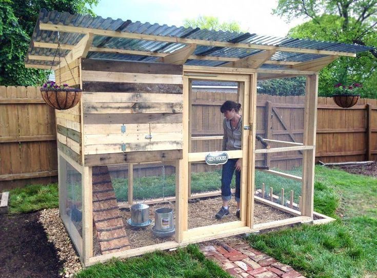 a woman standing inside of a chicken coop on top of green grass and brick walkway