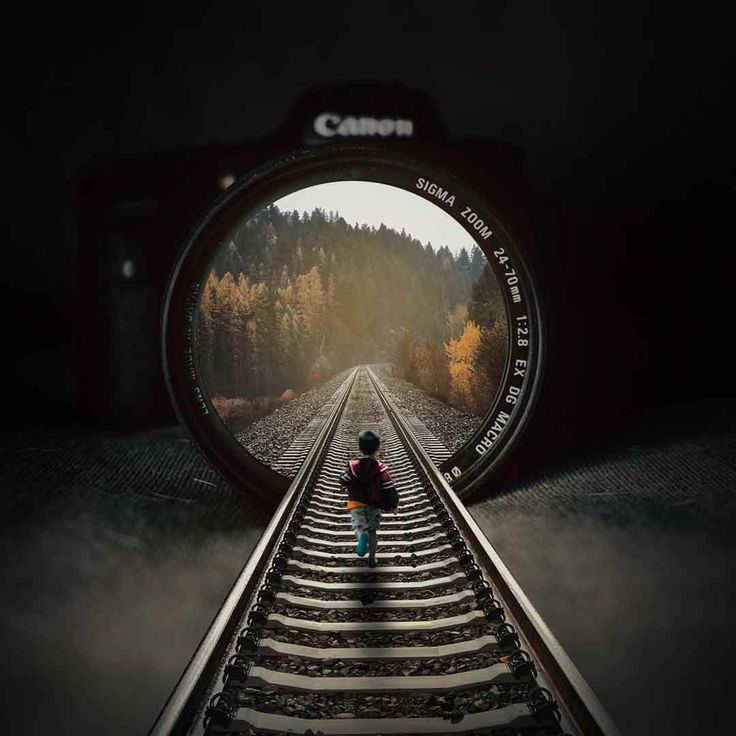 a person standing on train tracks with a camera in front of them that is looking at the trees