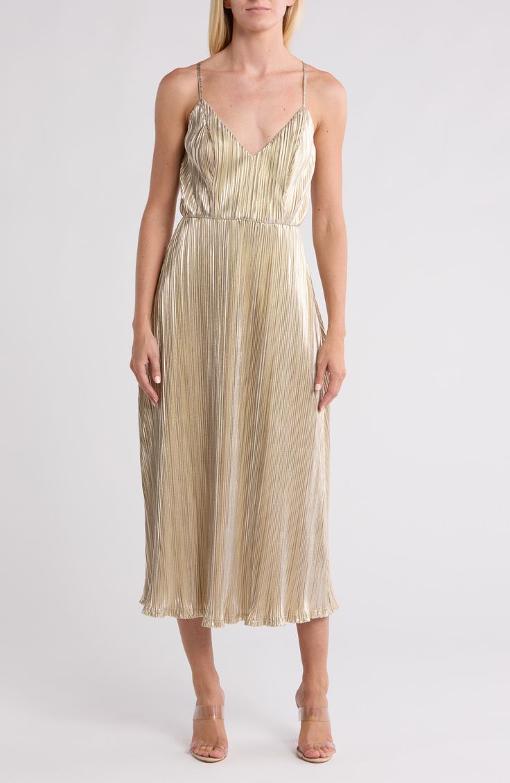 Make an elegant appearance in this metallic plissé midi dress tethered by slim criss-cross straps. Slips on over head V-neck Adjustable straps Lined 95% polyester, 5% spandex Hand wash, dry flat Imported Pleated V-neck Midi Dress, Glamorous Gold Midi Dress With V-neck, Pleated V-neck Midi Dress In Viscose, Chic Metallic V-neck Dress, Glamorous Metallic V-neck Maxi Dress, Holiday Pajamas, Daytime Dresses, Veronica Beard, Cross Straps