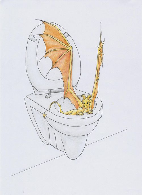 a drawing of a yellow dragon sitting on top of a toilet seat with its mouth open