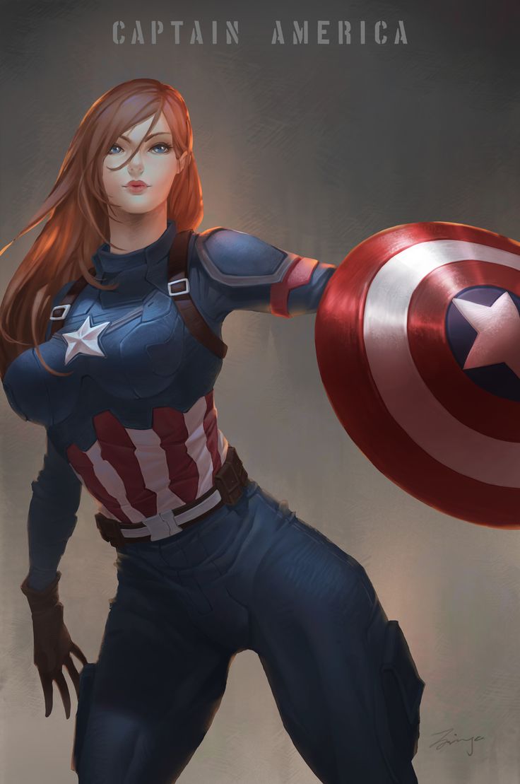 a woman in captain america costume holding a shield with her right arm and the other hand