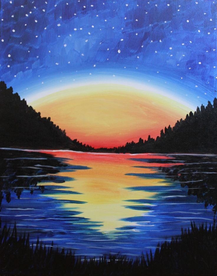 an acrylic painting of a lake at night with stars in the sky above