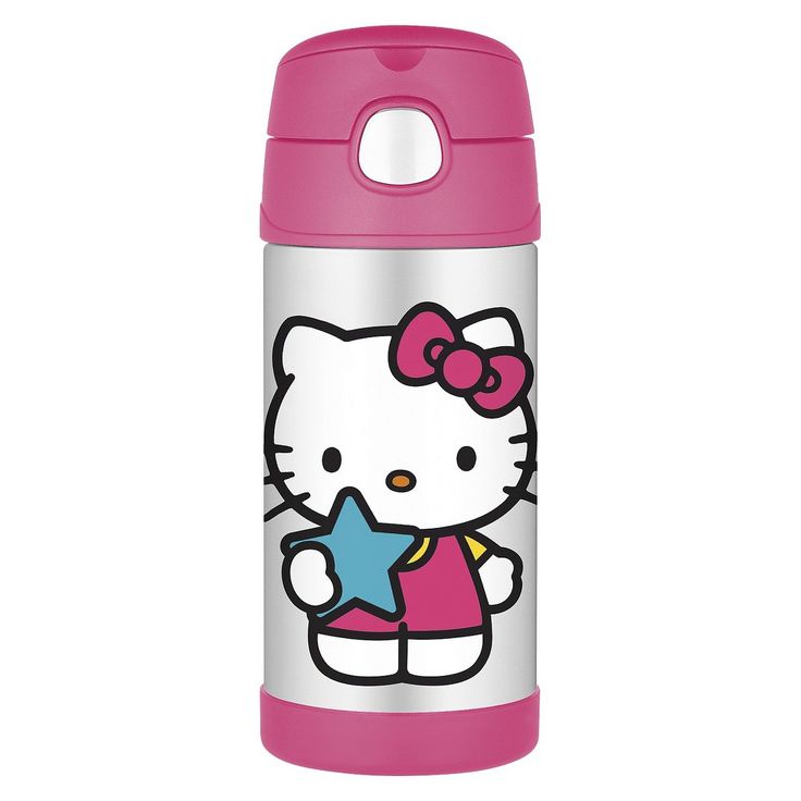 a pink and white hello kitty lunch box with a star on the side, sitting in front of a white background