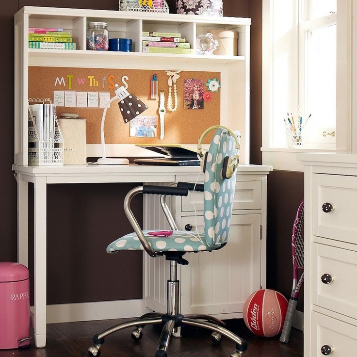 a white desk with a blue polka dot chair