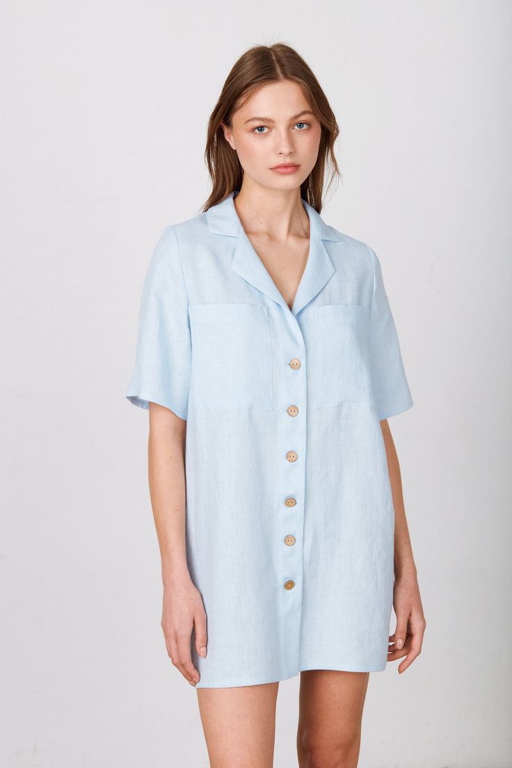 "FREJA is a short sleeve linen minis shirt dress. DETAILS - Fits true to size - Short sleeve - Label collar - Mini length - Small coconut buttons closure - 100% lightweight European linen fabric - Cut and sewn to order just for you in our studio COLOR - Baby Blue, you can also choose other colors above - Fabric samples are available here https://www.etsy.com/listing/586569696/linen-fabric-samples SIZING & FIT - Relaxed, loose fit - Model is 5'10\" / 178cm tall and wears size XS CARE FOR LINEN - Casual Shirt Dress With Relaxed Fit And Collared Neckline, Day Out Short Sleeve Shirt Dress With Placket, Short Sleeve Shirt Dress With Button Closure For Summer, Summer Short Sleeve Button Shirt Dress, Collared Short Sleeve Shirt With Pockets For Daywear, Casual Short Sleeve Shirt Dress With Buttons, Linen Short Sleeve Shirt Dress For Work, Summer Shirt Dress With Relaxed Fit And Collared Neckline, Casual Linen V-neck Shirt Dress