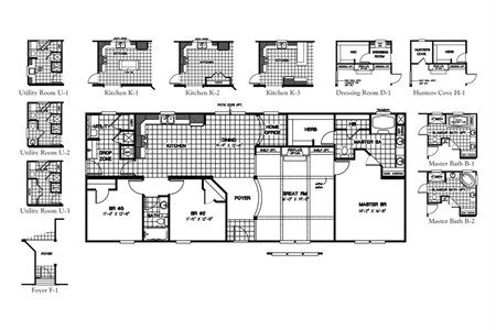 the floor plan for a mobile home with four bedroom and two bathroom areas, including an attached