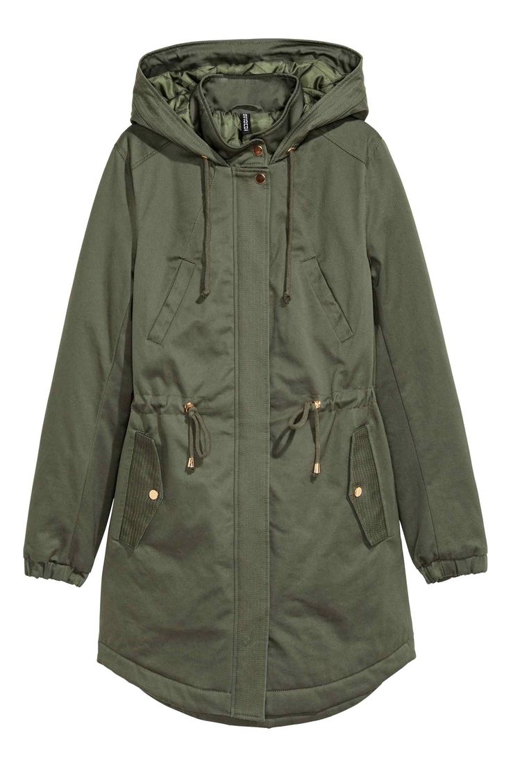 Padded parka | H&M Green Parka Coat, Long Green Coat, Hm Coat, Green Parka, Stand Collar Coat, Best Winter Coats, Zip Coat, Long Parka, Padded Coat