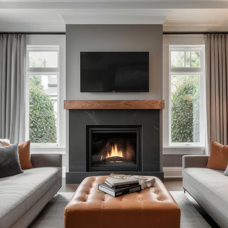 a living room filled with furniture and a fire place in front of a flat screen tv