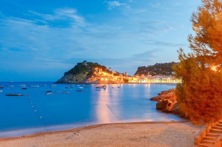 the beach is lit up at night with boats in the water