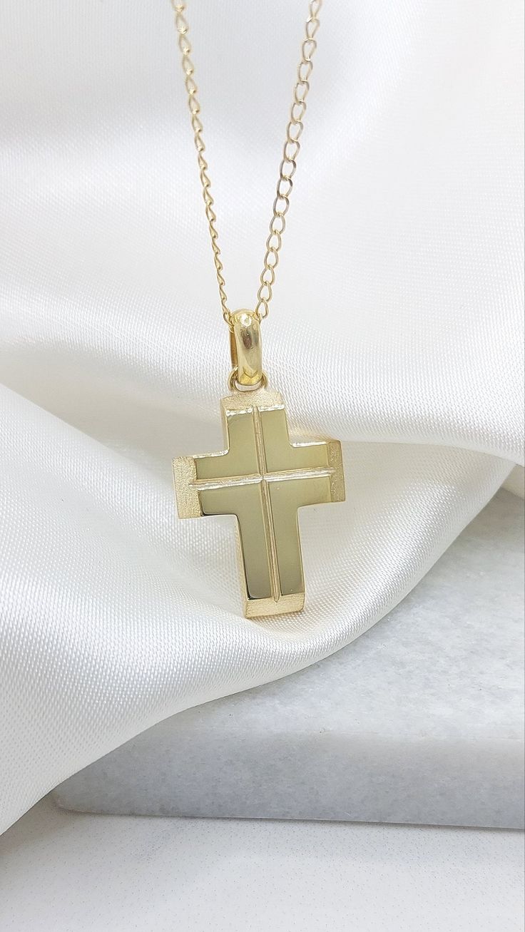 Greek Orthodox Solid 18k Baptism Gold Cross. An excellent handmade cross combines two techniques. Glossy flat surface with carved cross and matte broken corners A heavy solid Greece Gold Cross it can be the first jewelry for your little nowborn baby   A unique jewelry ideal for baptism cross - as well as a great gift for any occasion (birthday graduation engagement) Handmade in Greece in our laboratory in Sparta. -It can be personalized by engraning on the back side of the cross a name or a date- Details: Height39mm Width:20mm Weight:Approximately 10,5gr 14k - 11,5gr 18k Metal:14k Yellow Gold - 18k Yellow Gold Style:      Baptism Cross ❣️ For more  crosses take a look here      👉  https://www.etsy.com/shop/GiorgosJewelry?ref=seller-platform-mcnav&section_id=15859824 🎁 All of our jewelry Yellow Gold Cross Necklace For First Communion, Gold Cross Jewelry For Confirmation, Gold Cross Pendant Necklace For Baptism, Yellow Gold Cross Necklaces For Baptism, Classic Gold Jewelry For Baptism, Classic Yellow Gold Jewelry For Baptism, 14k Gold Crucifix Necklace For Baptism, Gold Crucifix Necklace For Baptism, Gold Cross Pendant Jewelry For Confirmation