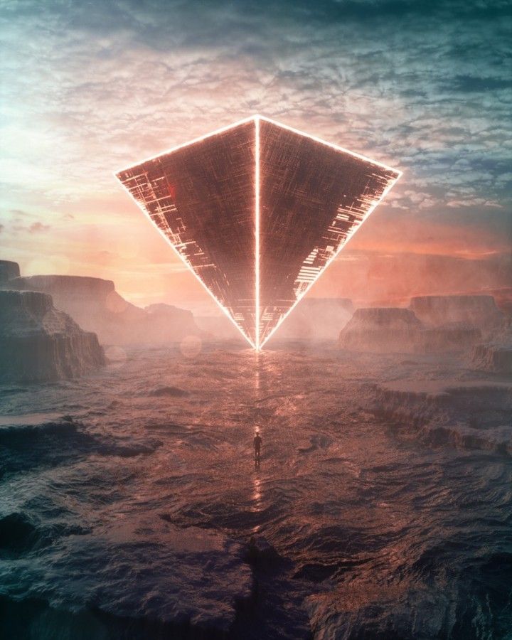 an image of a large pyramid in the middle of water with light coming from it