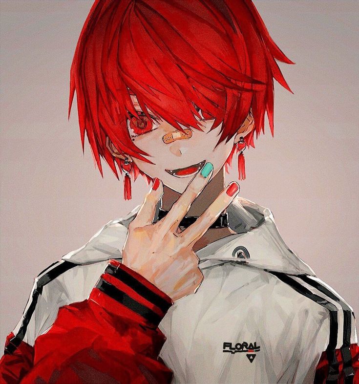 an anime character with red hair and piercings holding a cell phone to his ear