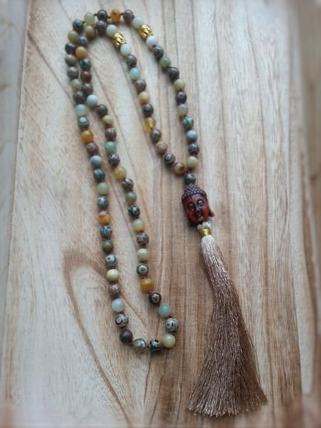 Jade and dZi Bead Necklace Adjustable Hand Knotted Brown Beaded Necklace, Adjustable Brown Hand Knotted Beaded Necklace, Adjustable Brown Hand-knotted Beaded Necklace, Adjustable Spiritual Tassel Necklace With Natural Stones, Bohemian Brown Mala As Gift, Bohemian Style Brown Mala For Gift, Bohemian Style Brown Mala As Gift, Adjustable Agate Hand-strung Mala, Spiritual Tassel Necklace With 108 Round Beads