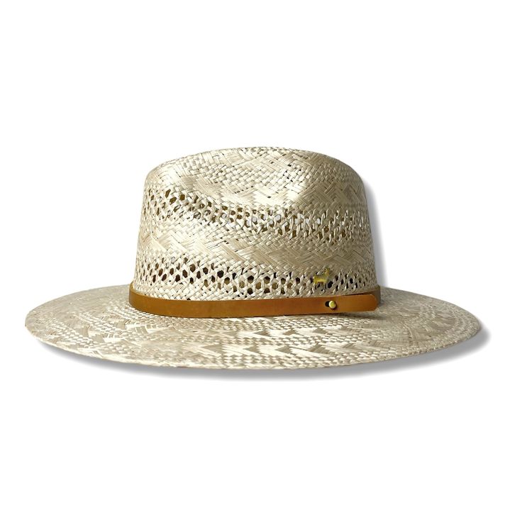 This sisal straw hat is like no other with it’s 3” brim, non vegan leather band and a pop that commands attention. Woven Straw Panama Hat For Rodeo, Straw Woven Panama Hat For Rodeo, Chic Straw Hat Bands For Kentucky Derby, Chic Adjustable Panama Hat In Palm Leaf, Tan Curved Brim Panama Hat For Summer, Tan Wide Brim Panama Hat For Summer, Spring Rodeo Sun Hat With Flat Crown, Classic Tan Hat For Summer, Tan Straw Hat For Vacation And Spring