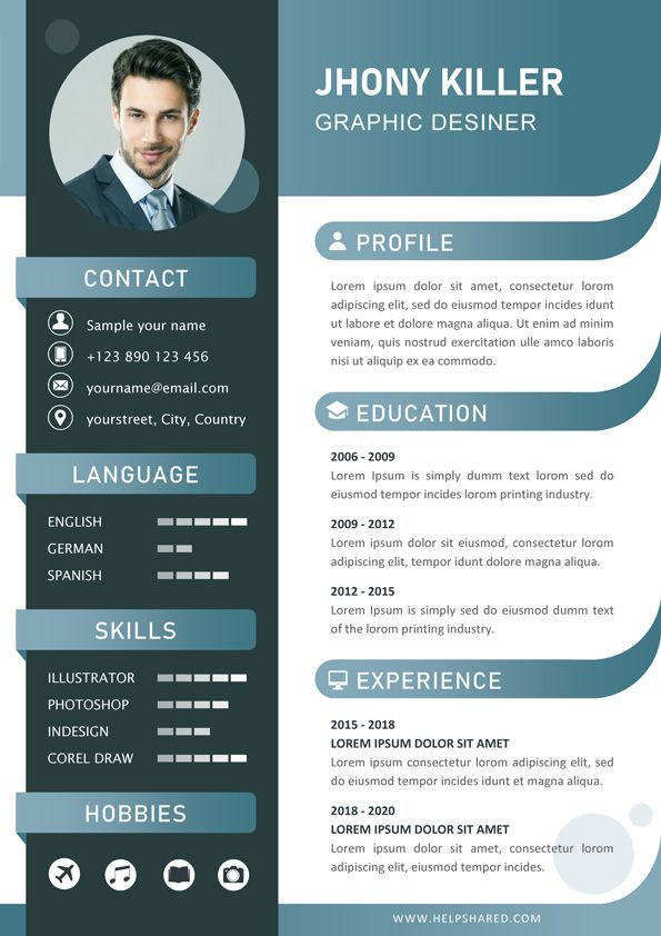 a blue and black resume template with an image of a man's face on it