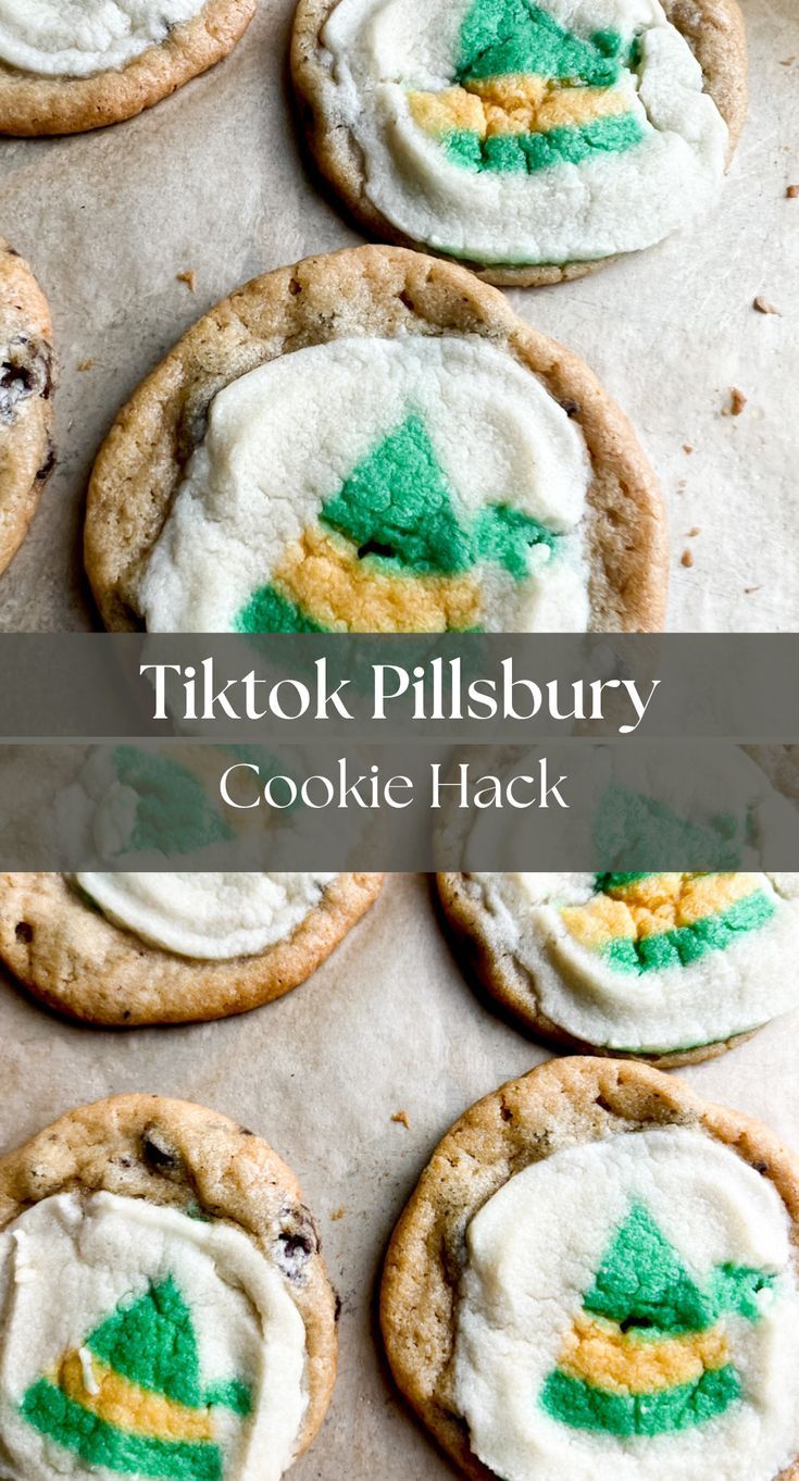 cookies decorated with green and yellow frosting on top of a baking sheet in front of the words tiktok pilsbury cookie hack