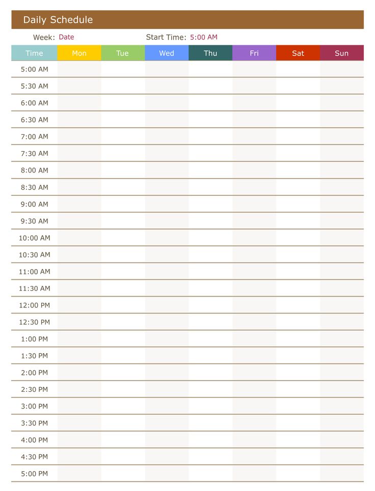 the daily schedule is shown in this printable version, and includes dates for each month