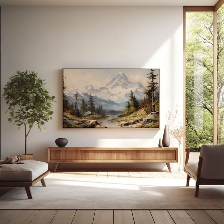 a living room with a painting on the wall