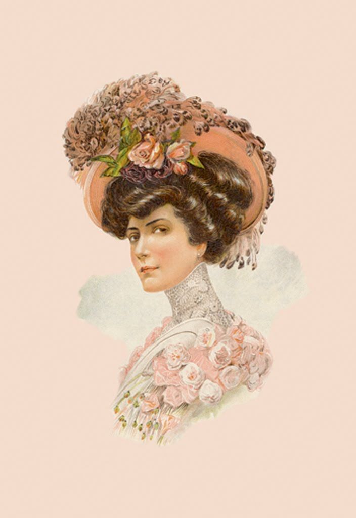 an illustration of a woman wearing a hat with flowers on it's head and her hair pulled back