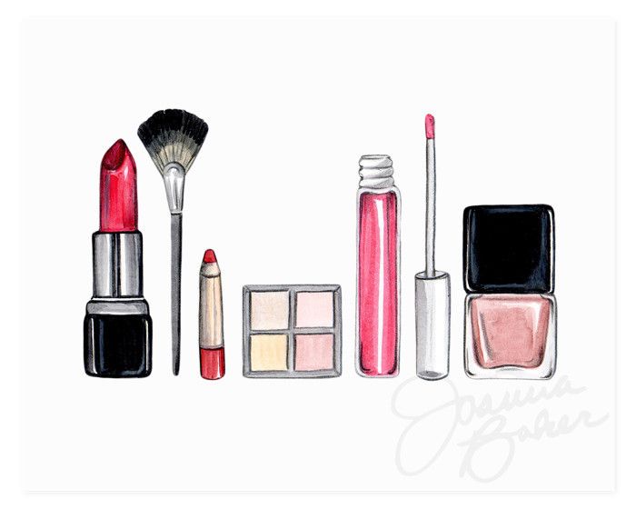 an image of cosmetics and makeup products on white background with watercolor paint style illustration