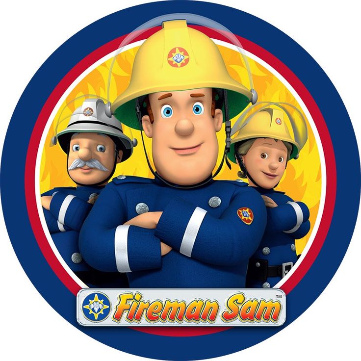 the fireman sam character is in front of a blue circle with red and yellow stripes