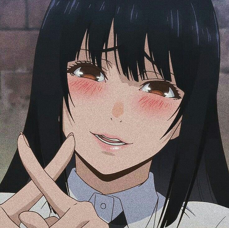 an anime character with black hair and brown eyes pointing to the side while wearing a white shirt