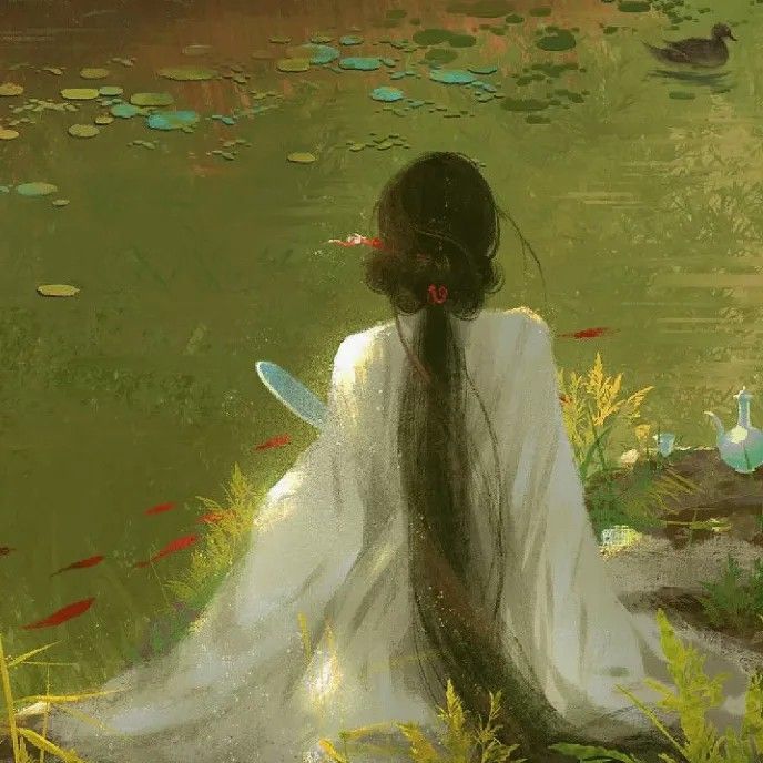 a painting of a woman sitting in front of a pond