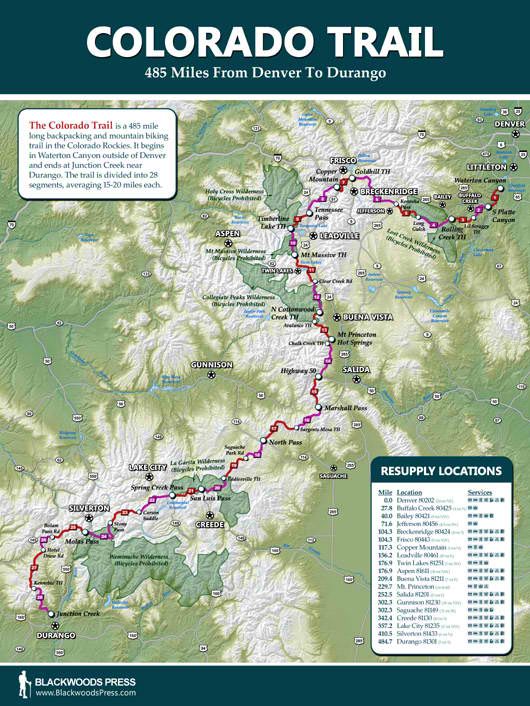 the colorado trail map is shown in red and green, with directions to hike it