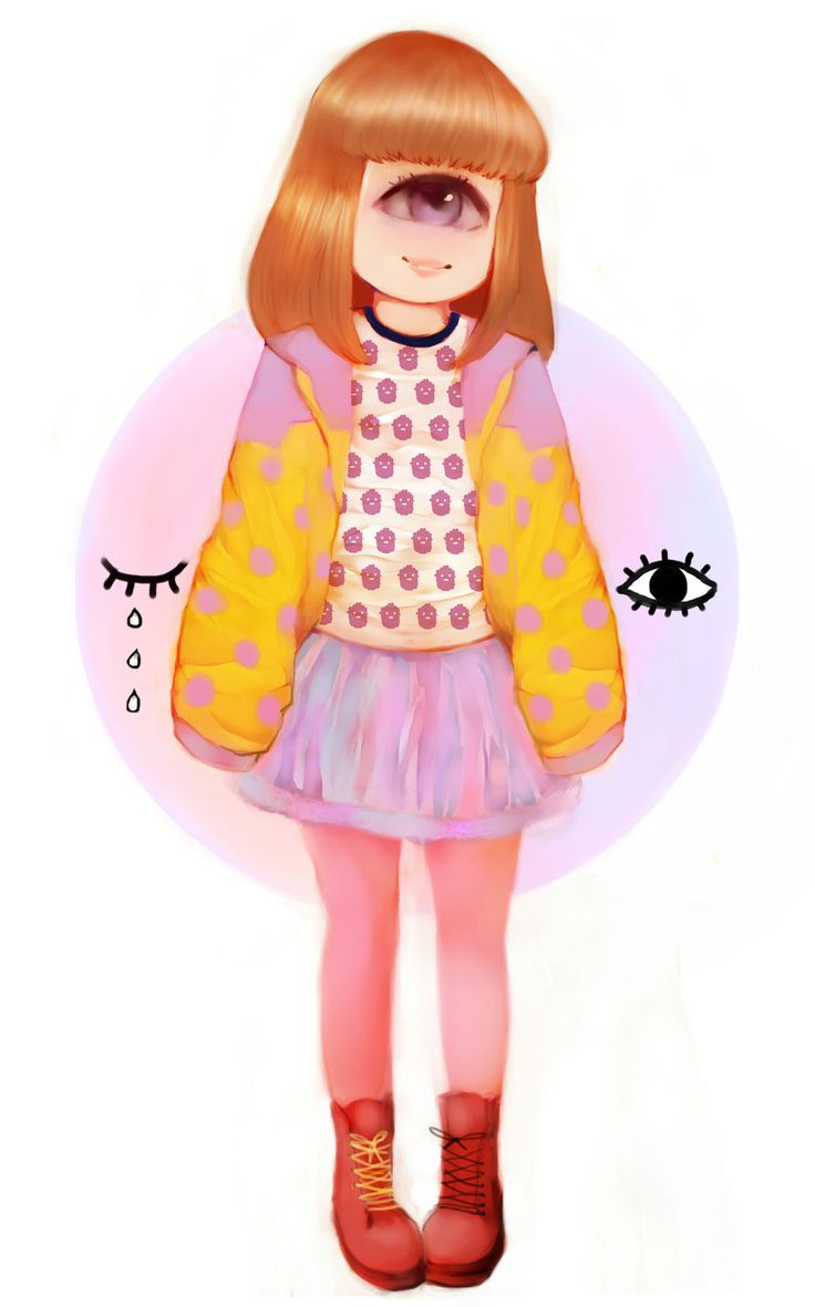 a painting of a girl with red hair wearing a yellow jacket and pink skirt, standing in front of a white background