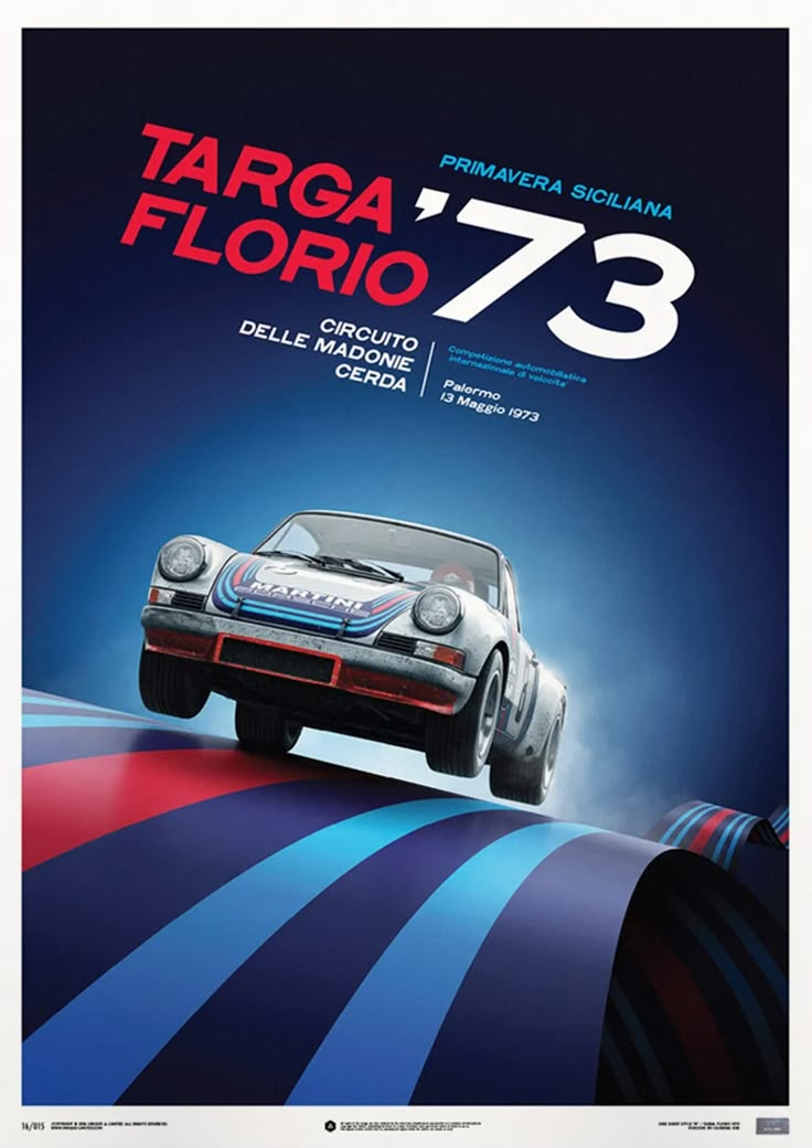 a car driving down a road with the words targa flori 73 on it