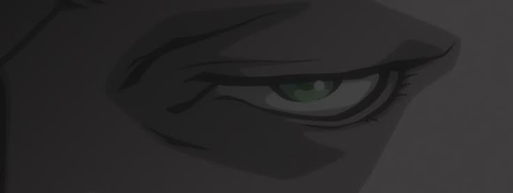 an anime character with green eyes staring into the distance