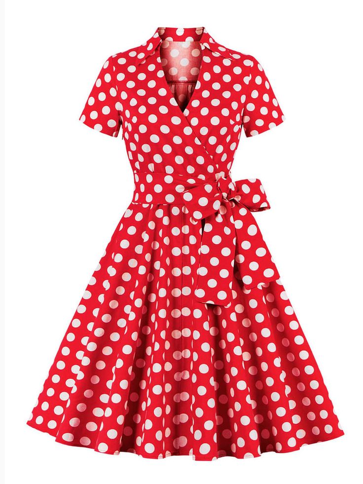 [Plus Size] 1950s Polka Dots Waist Tie Lapel Dress – Retro Stage - Chic Vintage Dresses and Accessories Retro Attire, 1950s Fashion Women, Lapel Dress, Retro Stage, Sunday Clothes, Vestidos Retro, Dress Retro, Plus Size Vintage, Patchwork Dress