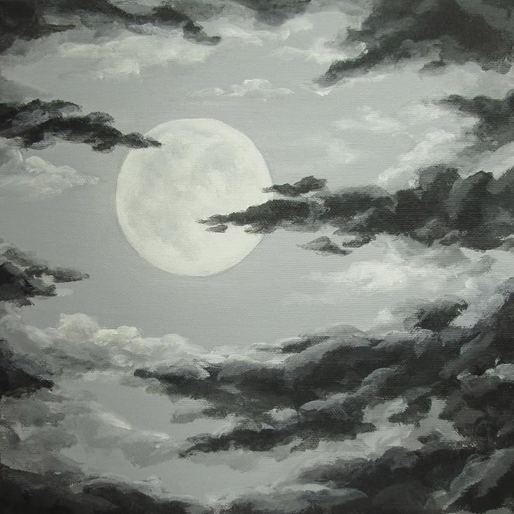 an oil painting of clouds and a full moon in the sky with black and white colors